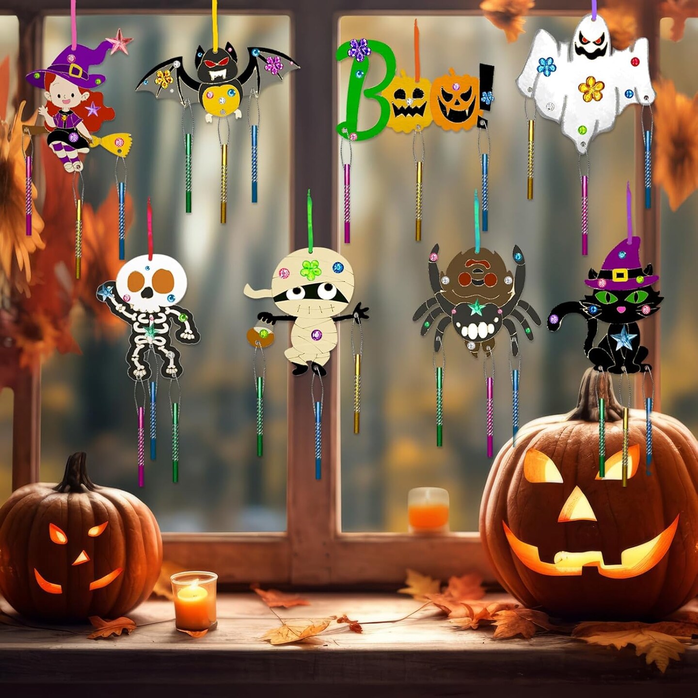 16 Pack Halloween Wind Chime Kit Wooden Pumpkin