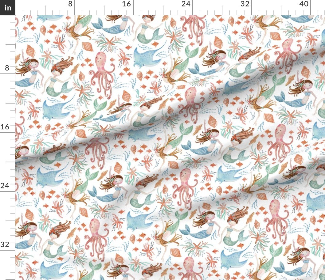 Sweet Mermaids Whimsical Watercolor Fantasy Creatures Mermaid Ocean Sea Girl Nursery Custom Printed Fabric by Spoonflower Various Fabrics by the Yard or Fat Quarter