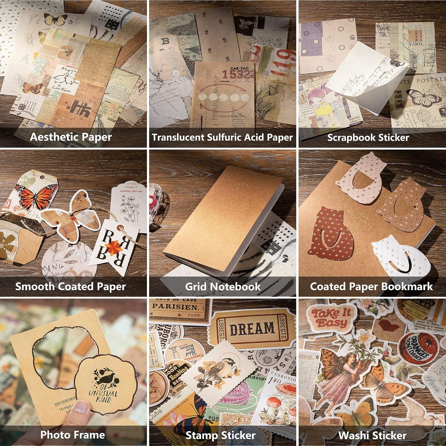 Vintage Scrapbooking Supplies Aesthetic Journaling Kit (Brown) 9 x 6.4 x 1.2 inches