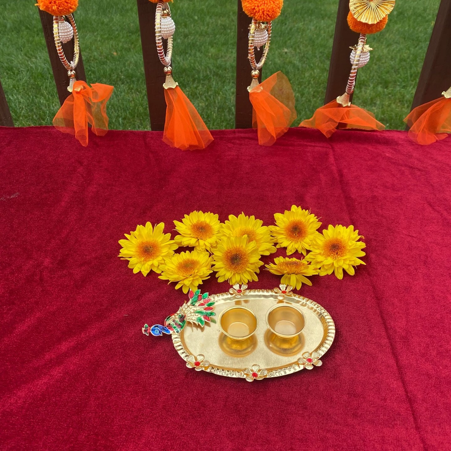 Pack of 6 Decorative Peacock Pooja Thali Gold Plated Indian Pooja Thali Haldi Kumkum Platter Ganesh Pooja Teej Diwali Favor Thali Stylish Temple Decor Gift