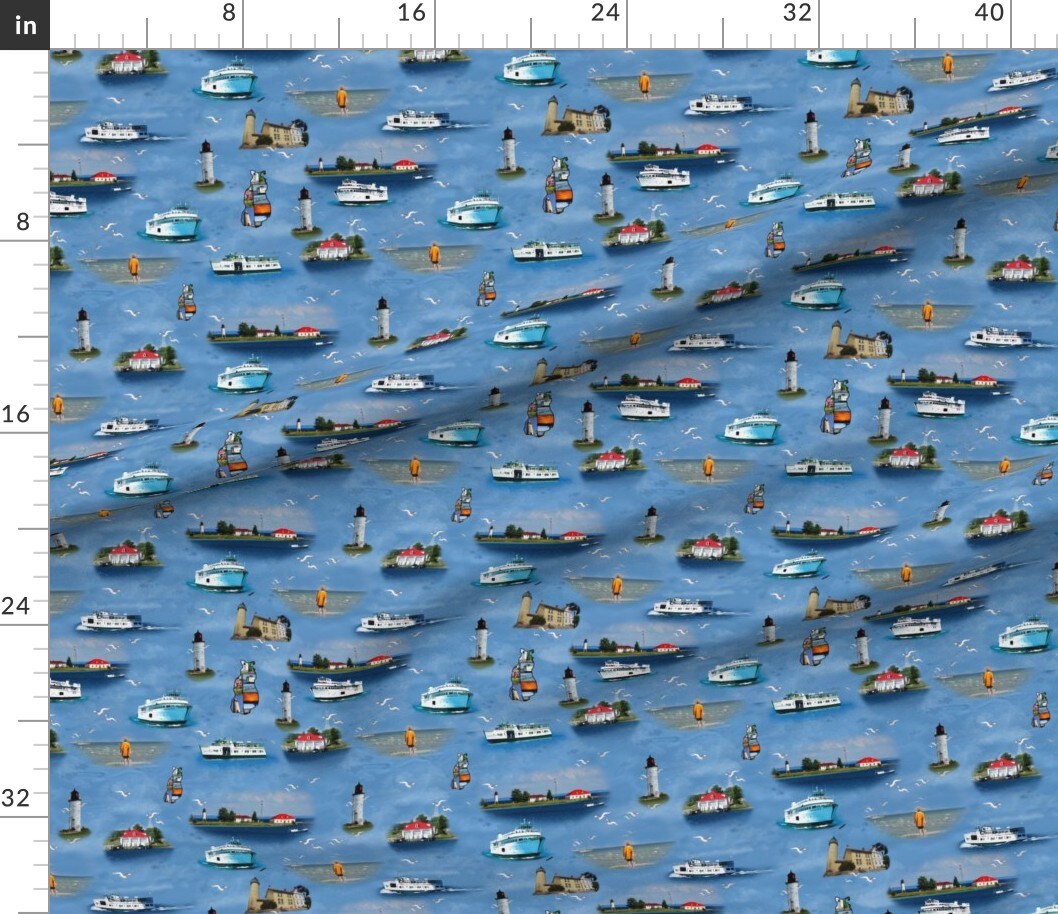 Island Paradise Lighthouse Ocean Lake Nautical Blue Red White Fish Sea Boat Custom Printed Fabric by Spoonflower Various Fabrics by the Yard or Fat Quarter