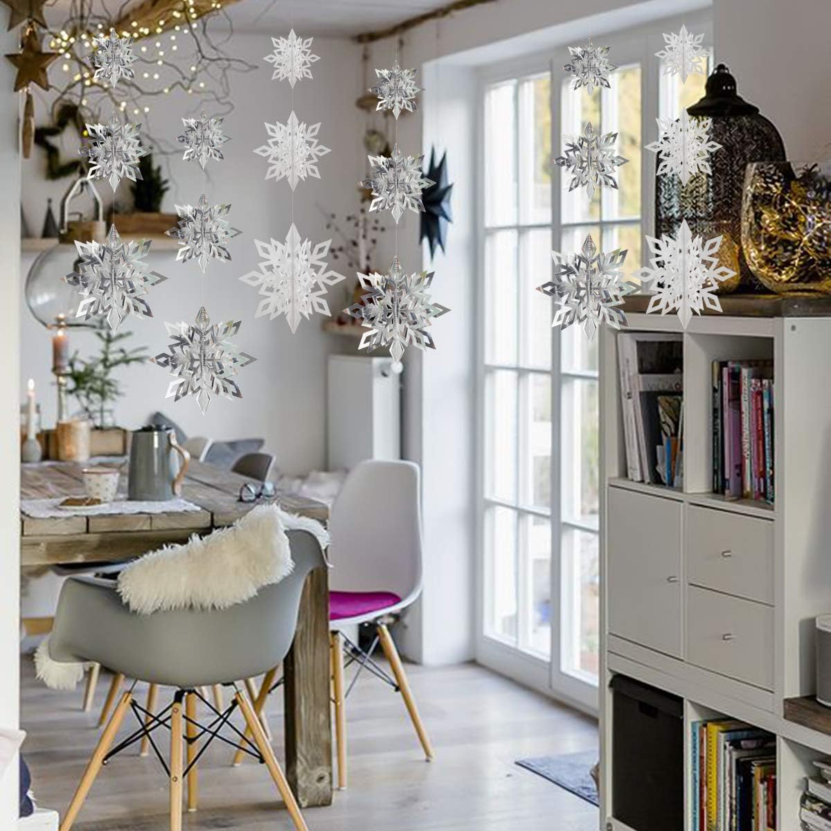 3D 3 Size Hanging Snowflakes Ornaments - Silver-White 18pcs