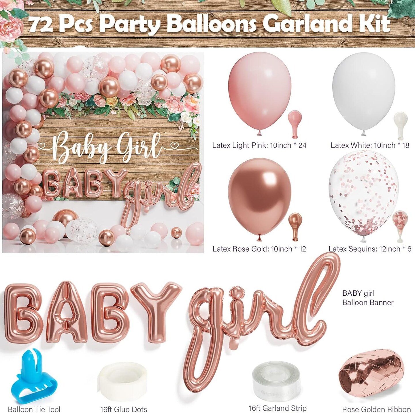 Baby Shower Decorations for Girl - 249 PCS (White, Pink, Rose Gold)