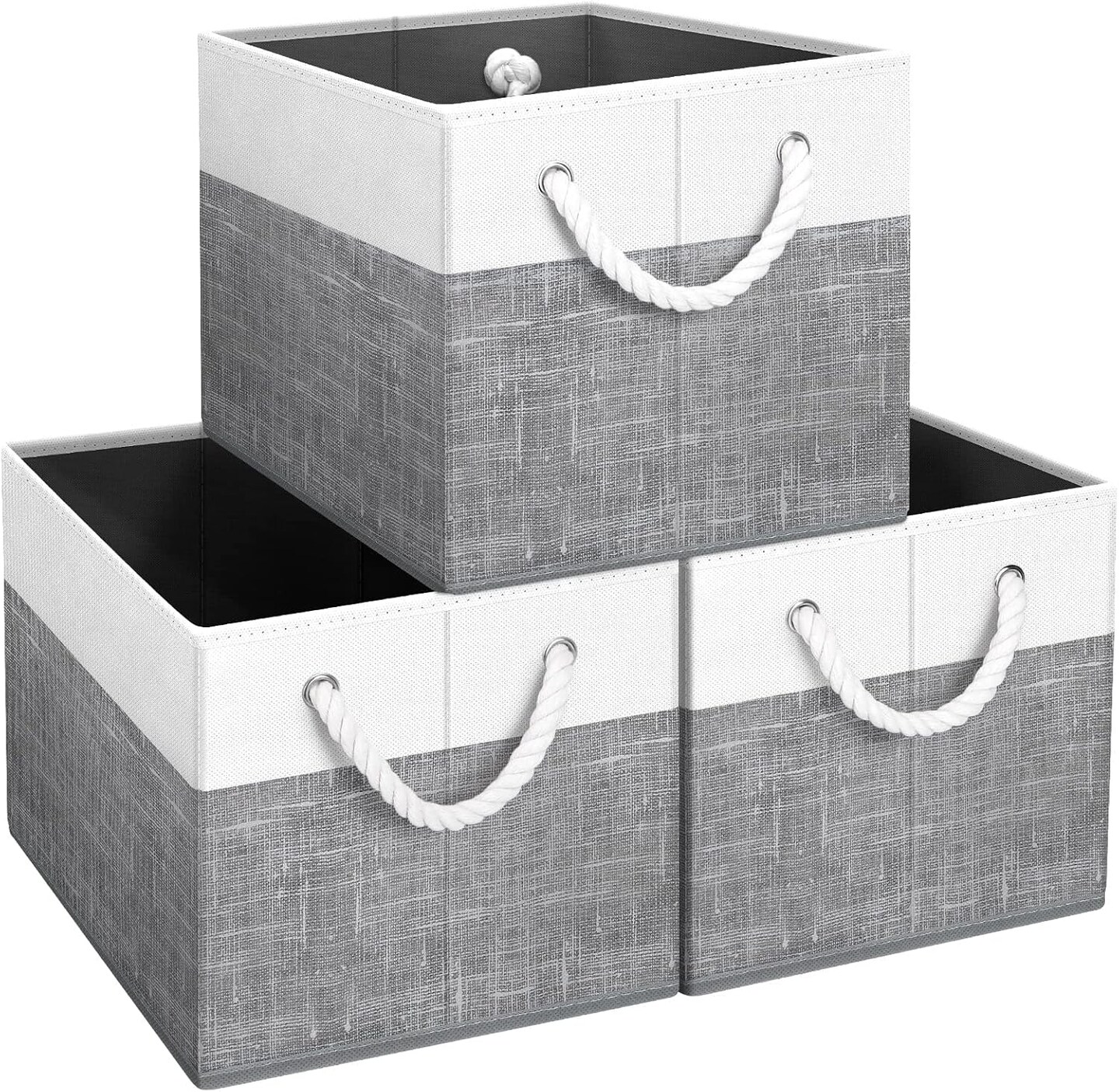 3-Pack Foldable Storage Bins (White & Grey) 15"L x 10"W x 9.5"H