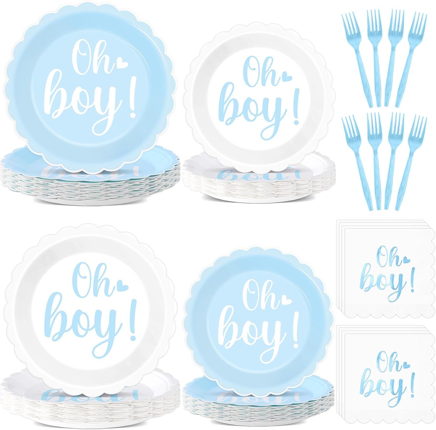 96PCS Oh Boy Baby Shower Decorations Blue Foil Scalloped Paper Plates Napkins