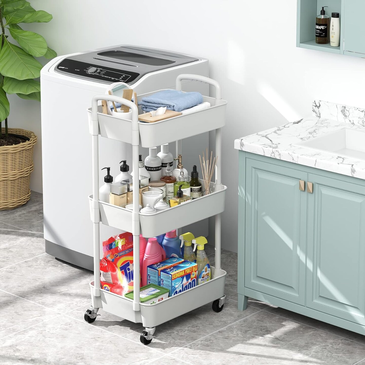 3-Tier Plastic Rolling Utility Cart with Handle