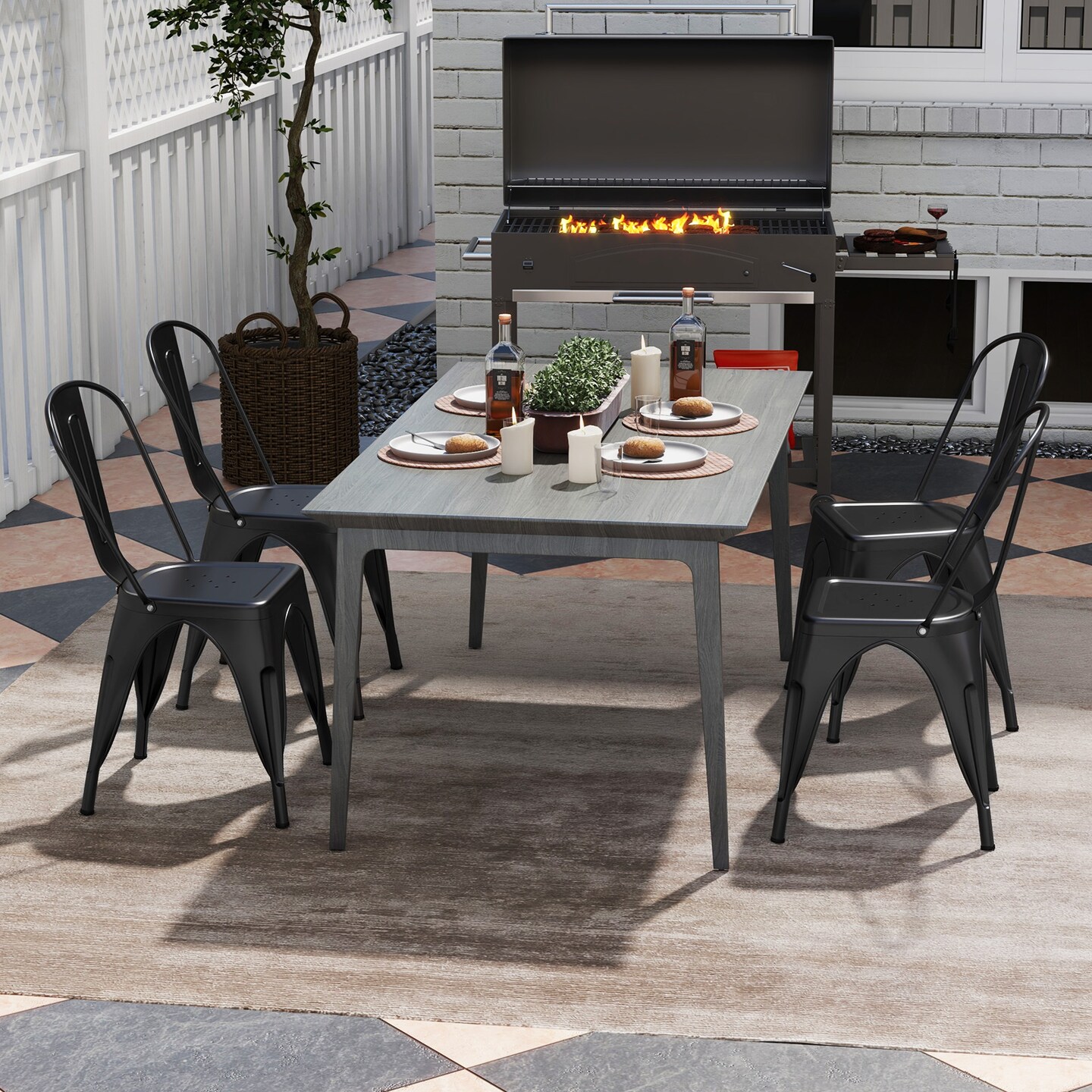 Set of 4 Metal Dining Chairs with Removable Backrest and Anti-slip Pads