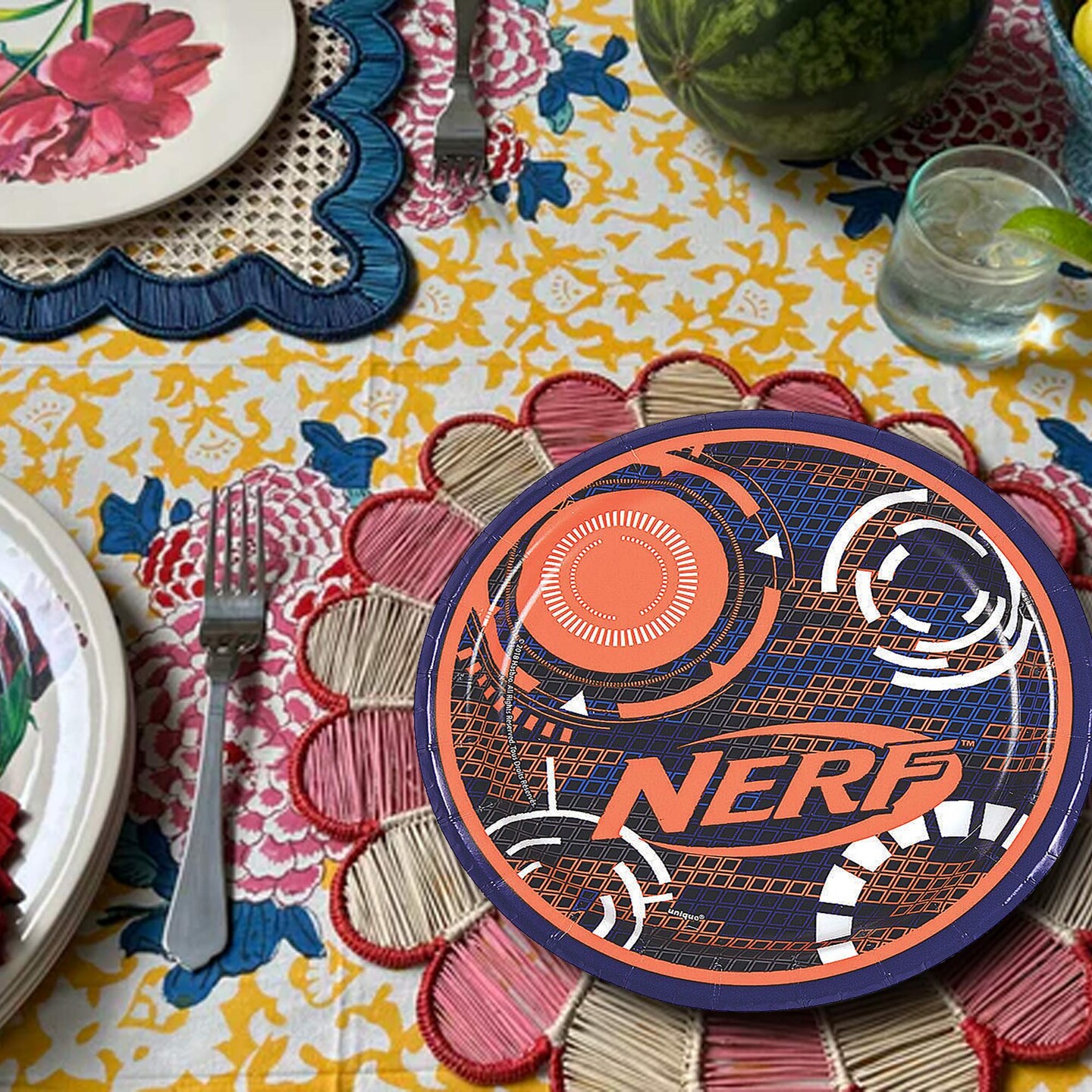 8 Ct. Nerf Round Paper Dessert Plates 7" Disposable Party Plates for Action-Packed Celebrations