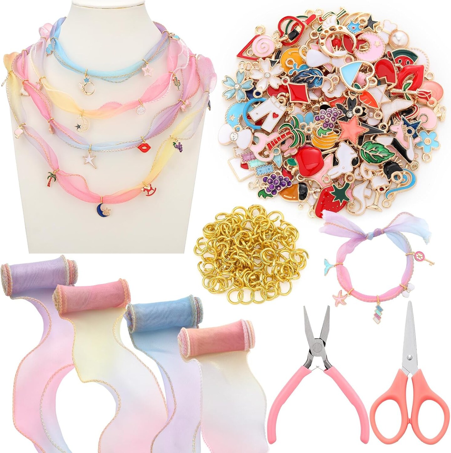206 Pcs Jewelry Making Kit DIY Gradient Organza Ribbon-100 Charms,100 Jump Rings,4 Voile Ribbons (colorful) 7.09 x 4.72 x 0.63 inches