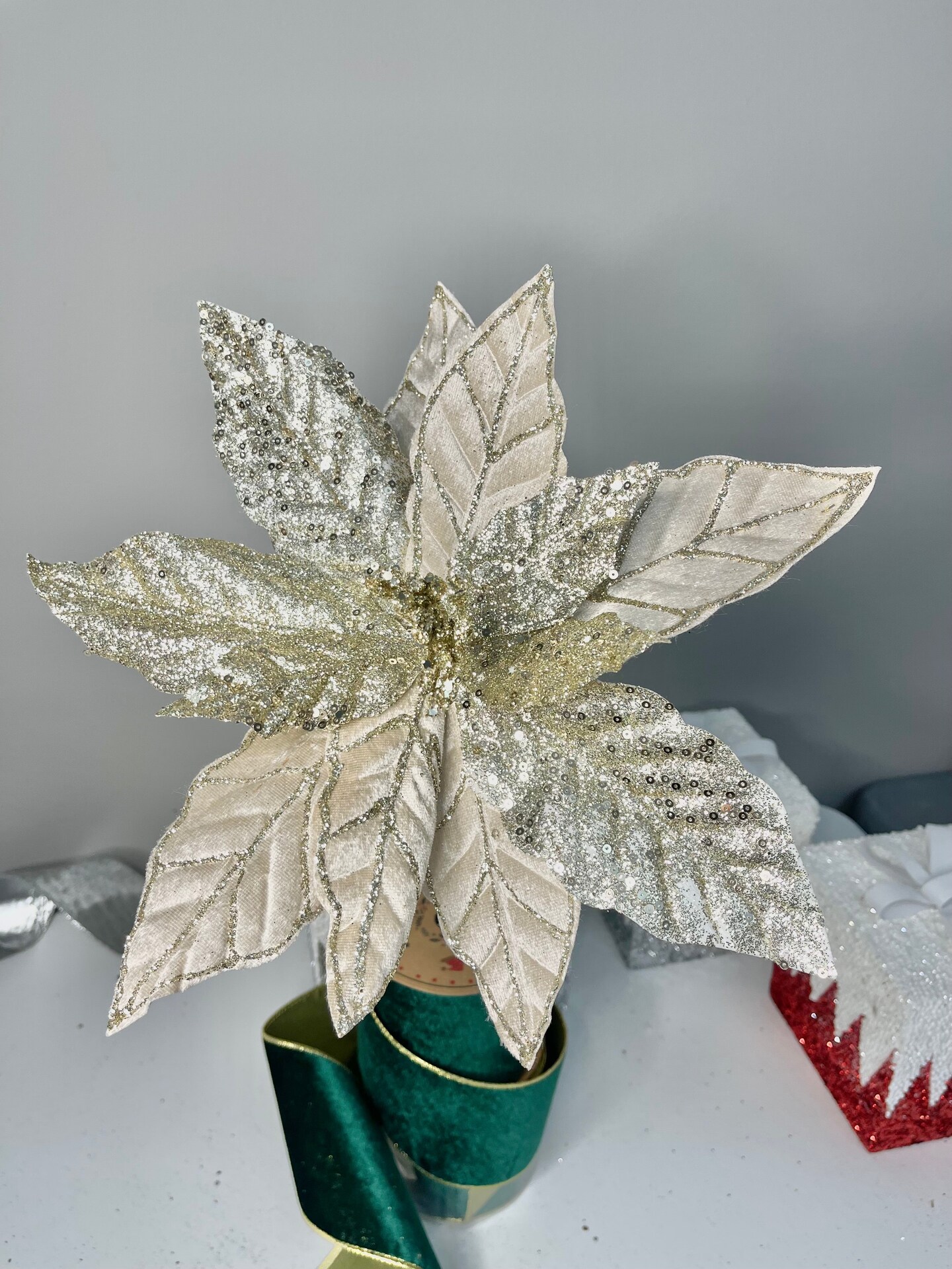 Champagne Glittered Poinsettia Christmas Flower Stem Spray 13&#x27;&#x27; Set of 3
