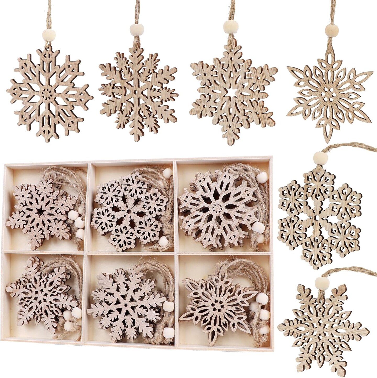 24 Pieces Wooden Christmas Snowflakes Ornaments - Rustic