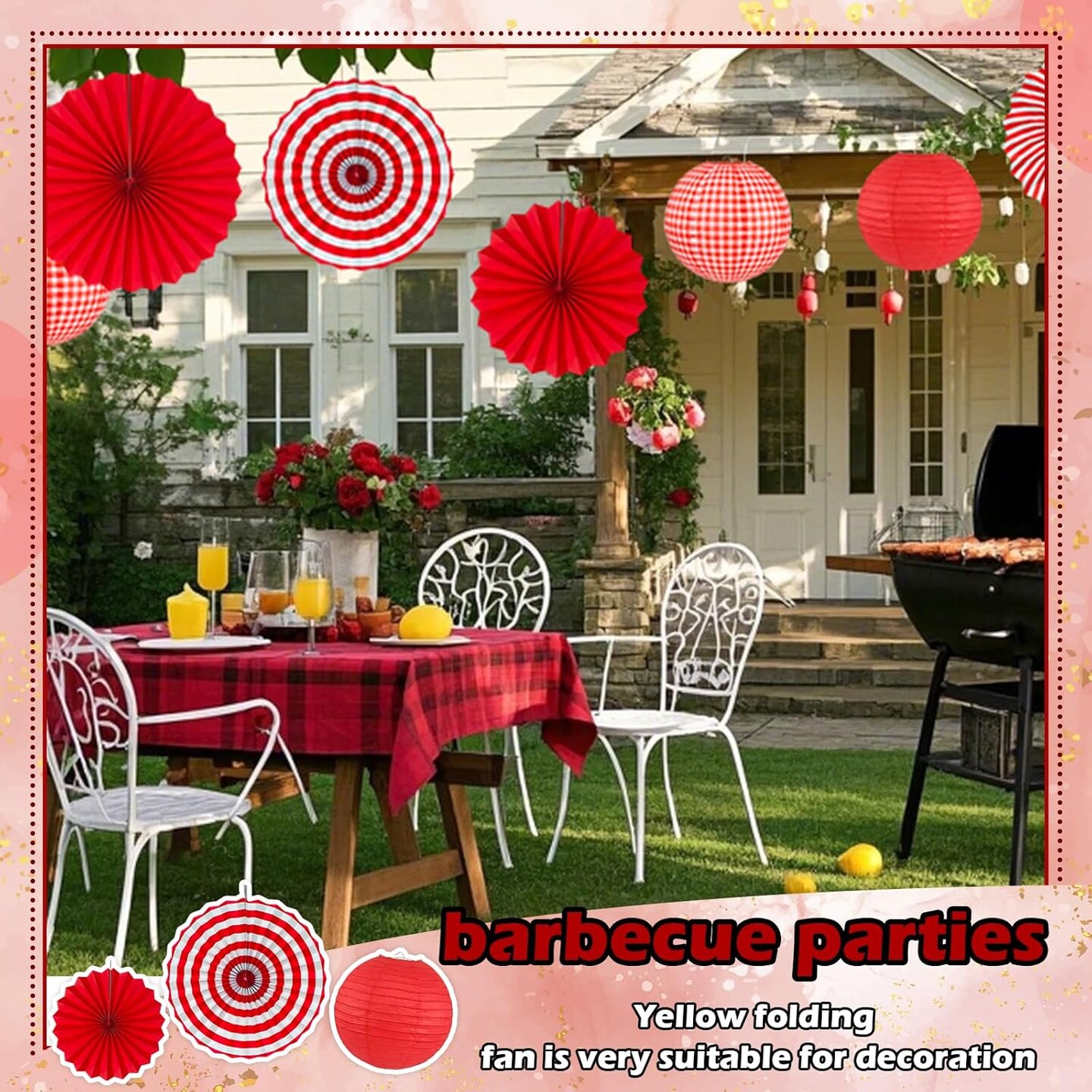 15Pcs Red Party Decorations Supplies Set, Hanging Red Paper Lanterns Paper Fans