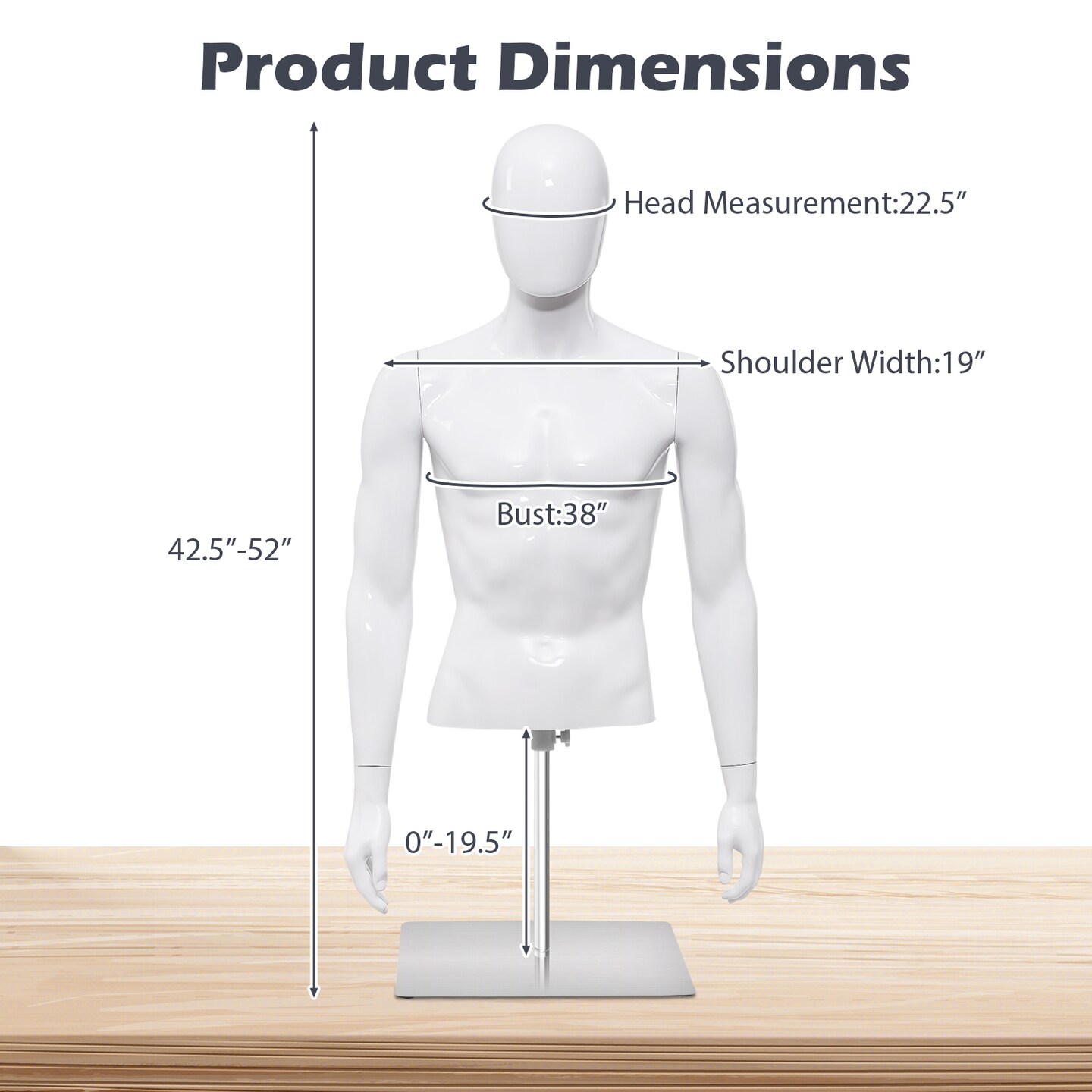Bright White Male Mannequin with Adjustable Iron Base and Rotatable Head