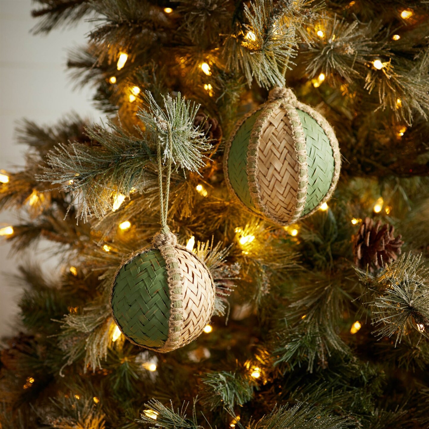 Melrose Woven Bamboo Christmas Ball Ornaments - 5.25&#x22; (133.35mm) - Green and Gold  - 4ct