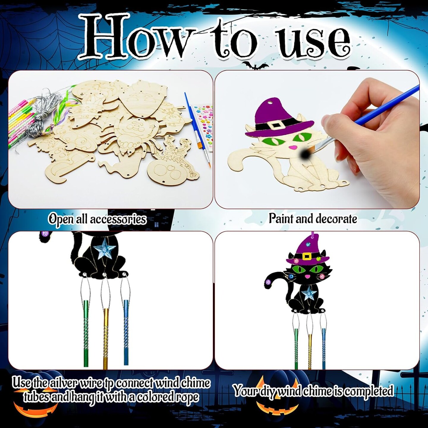 16 Pack Halloween Wind Chime Kit Wooden Pumpkin