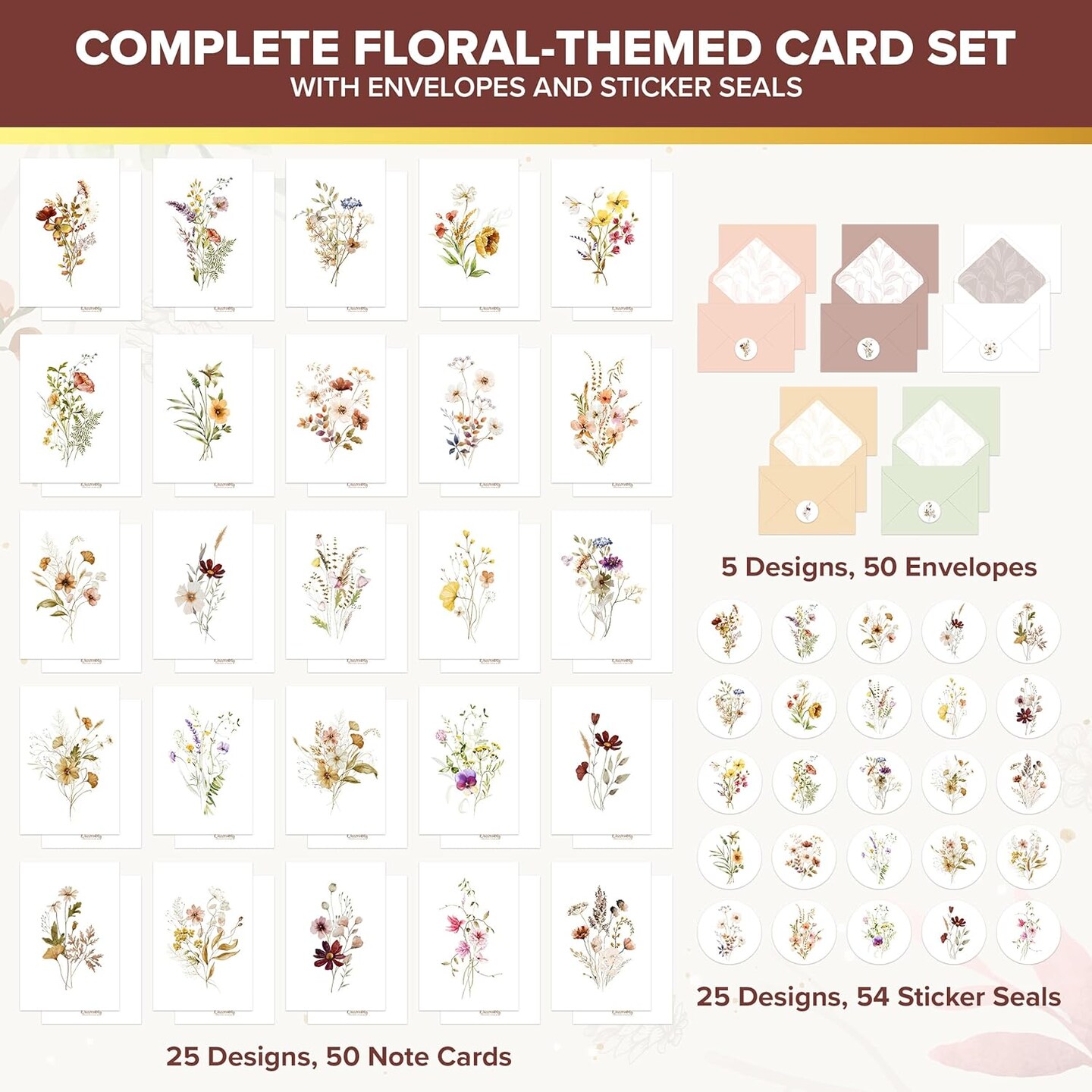 50 Pack 4x6in Blank Floral Cards with Envelopes and Stickers