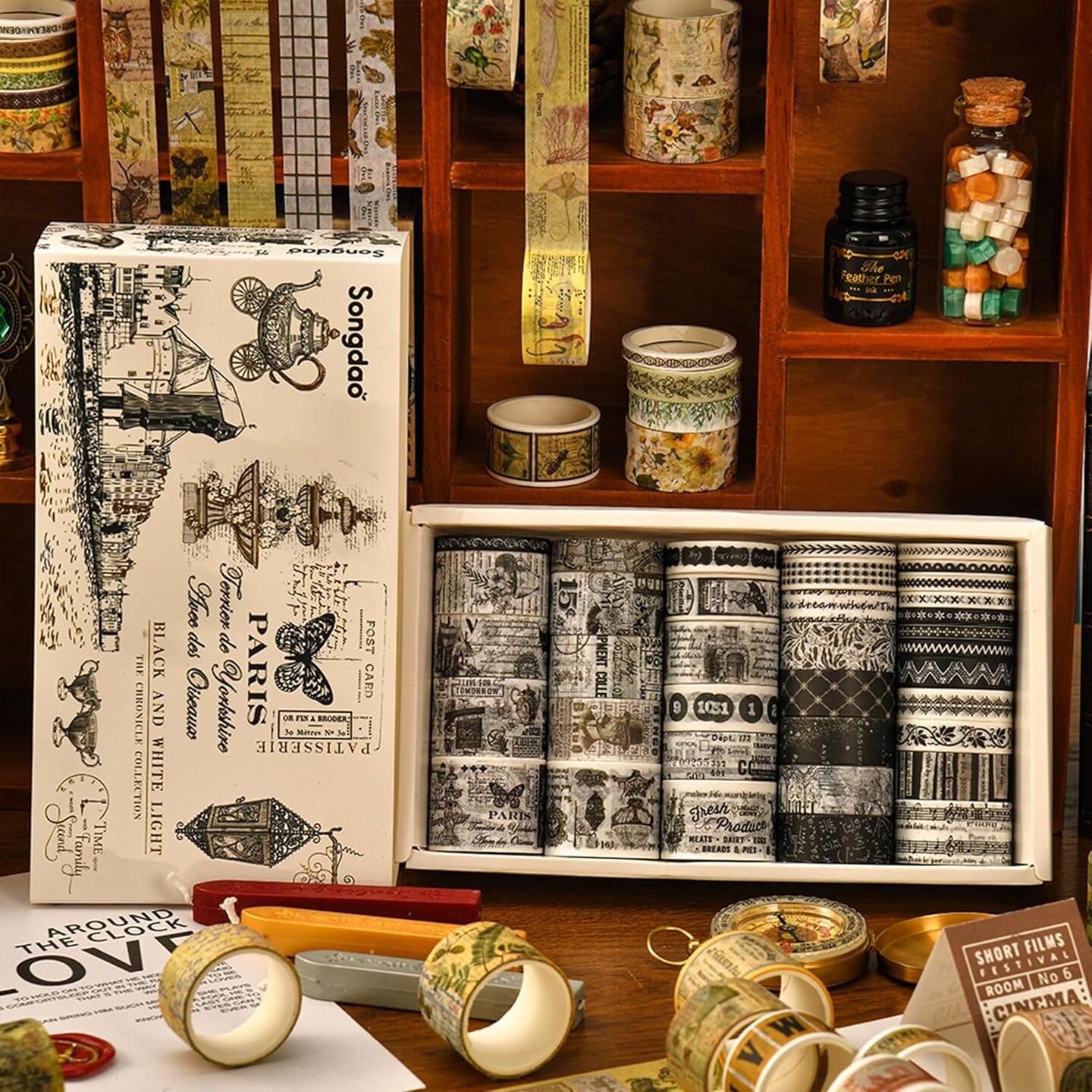 36 Rolls Vintage Washi Tape (Black &#x26; White Light)