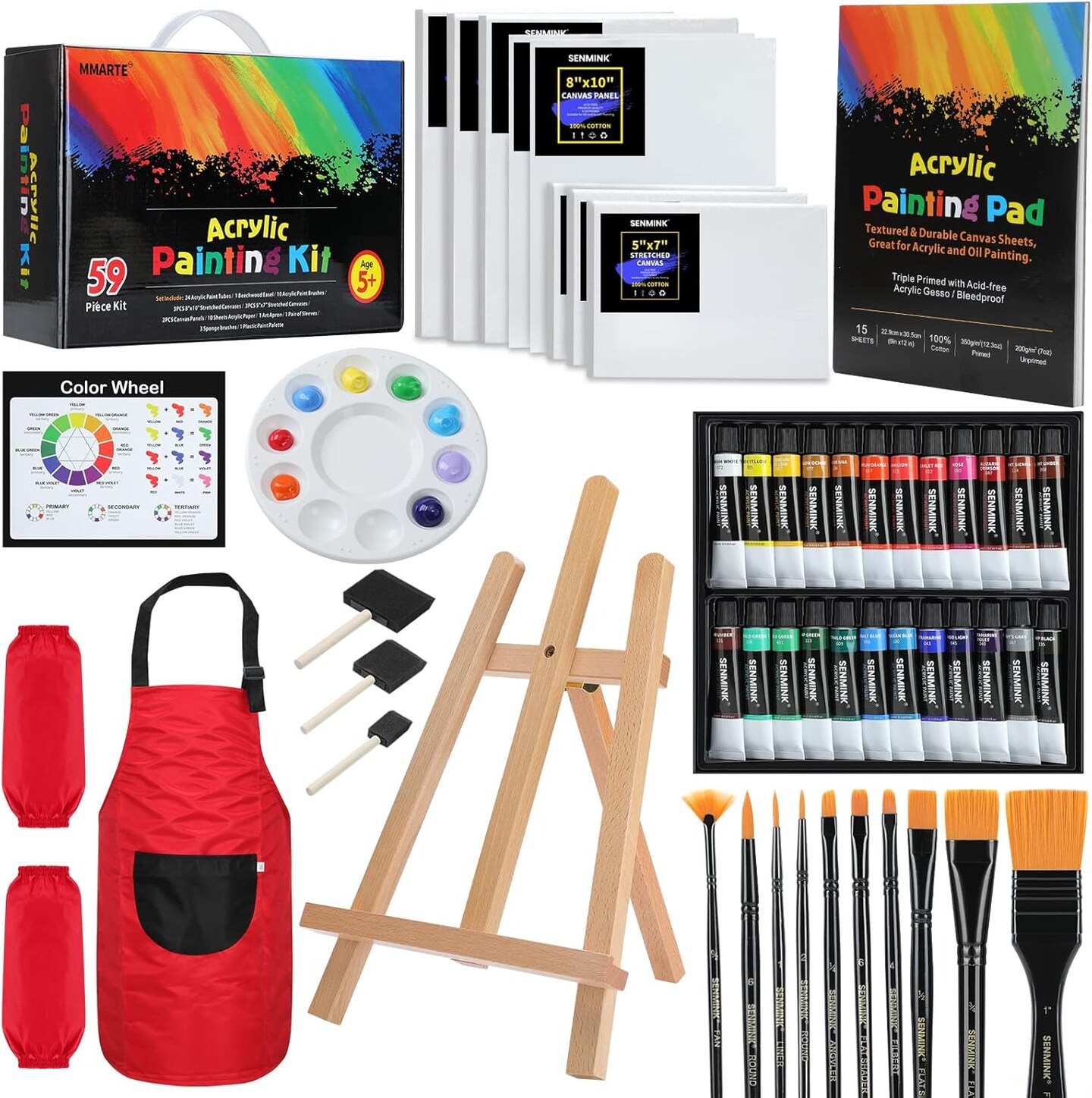 59pcs Acrylic Paint Set - Art Supplies Kit with 24 Non-Toxic Paints, Easel, Brushes, Canvas for Kids, Artists and Beginners, Red
