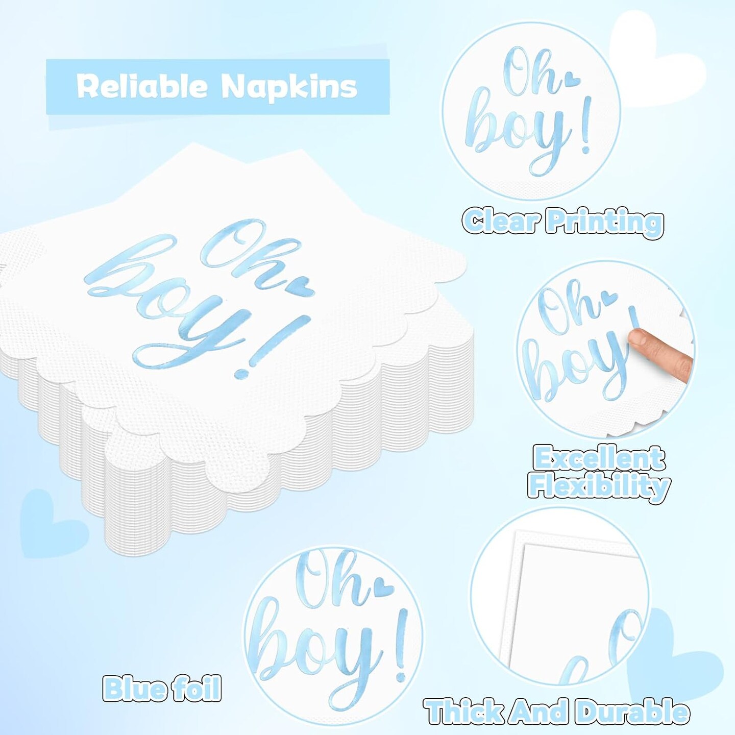96PCS Oh Boy Baby Shower Decorations Blue Foil Scalloped Paper Plates Napkins