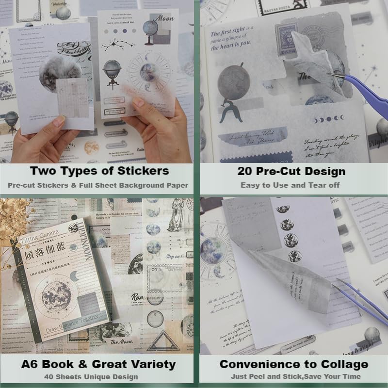 40 Sheets Vintage Washi Stickers Book for Scrapbook(Blue Planet Theme)