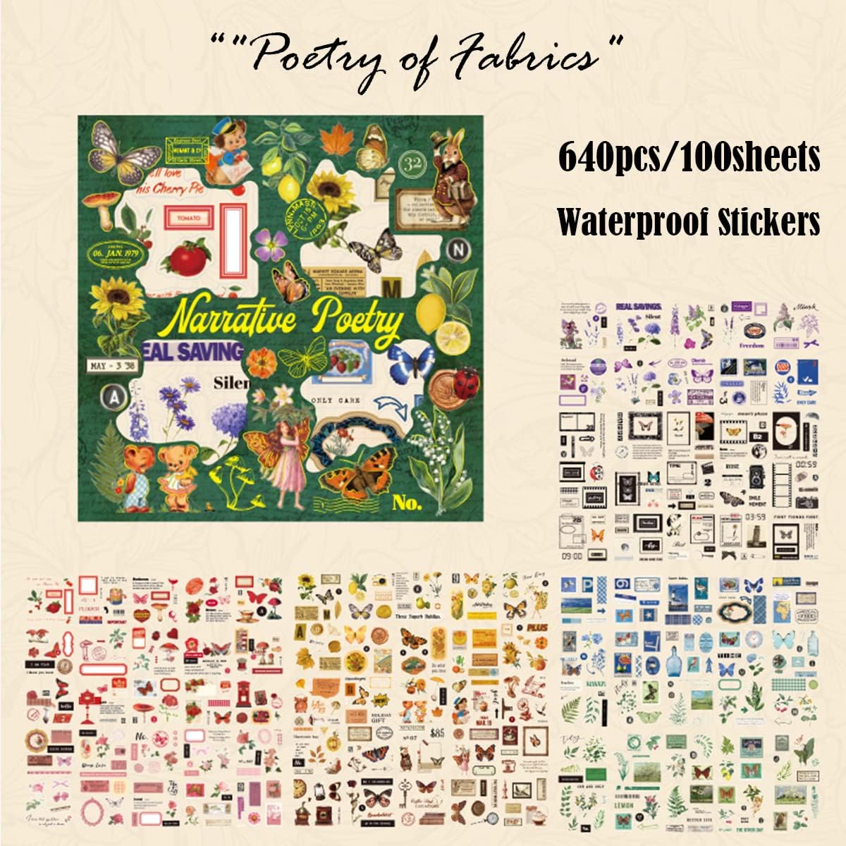 640Pcs Vintage Nature Scrapbook Stickers Poetry of Fabrics (Colorful) 7.48 x 0.79 x 7.47 inches