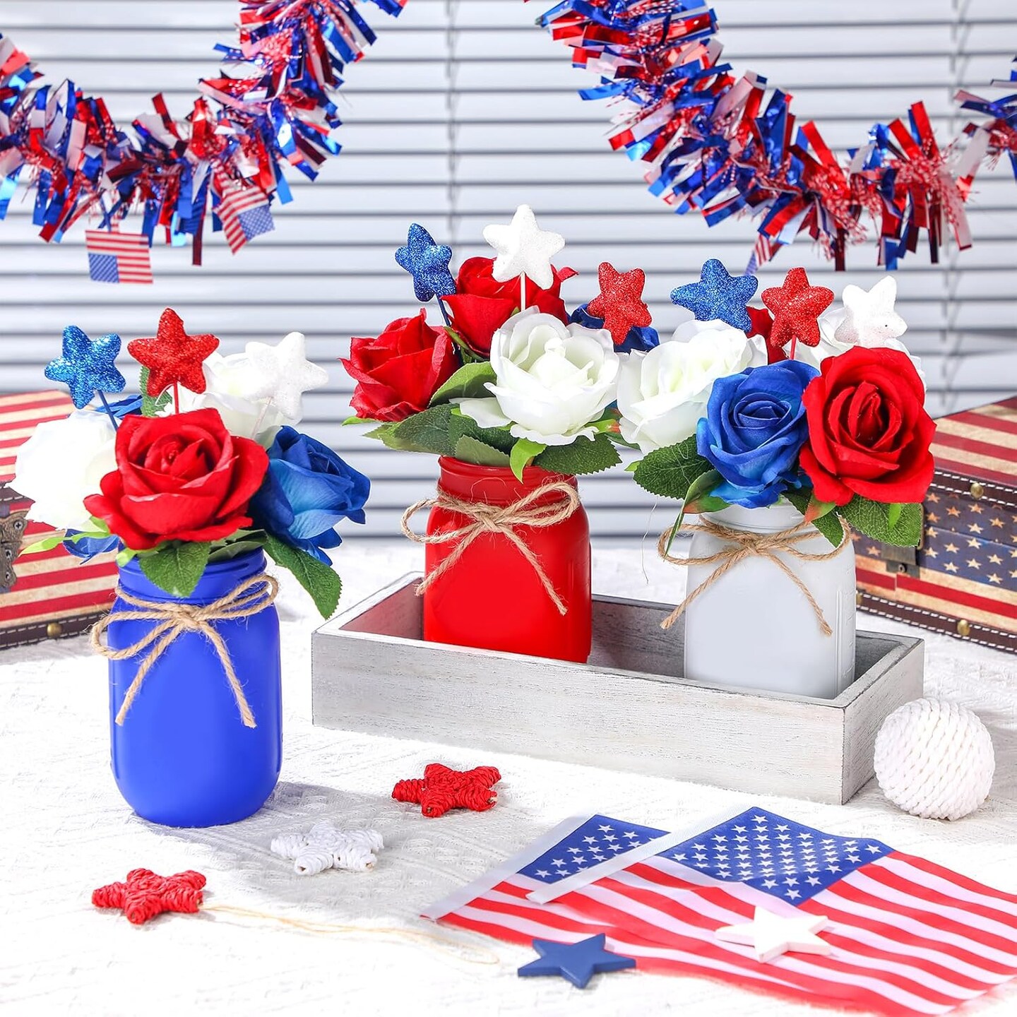 4th of July Mason Jar Centerpiece &#x2013; Patriotic Farmhouse Table Decor Set