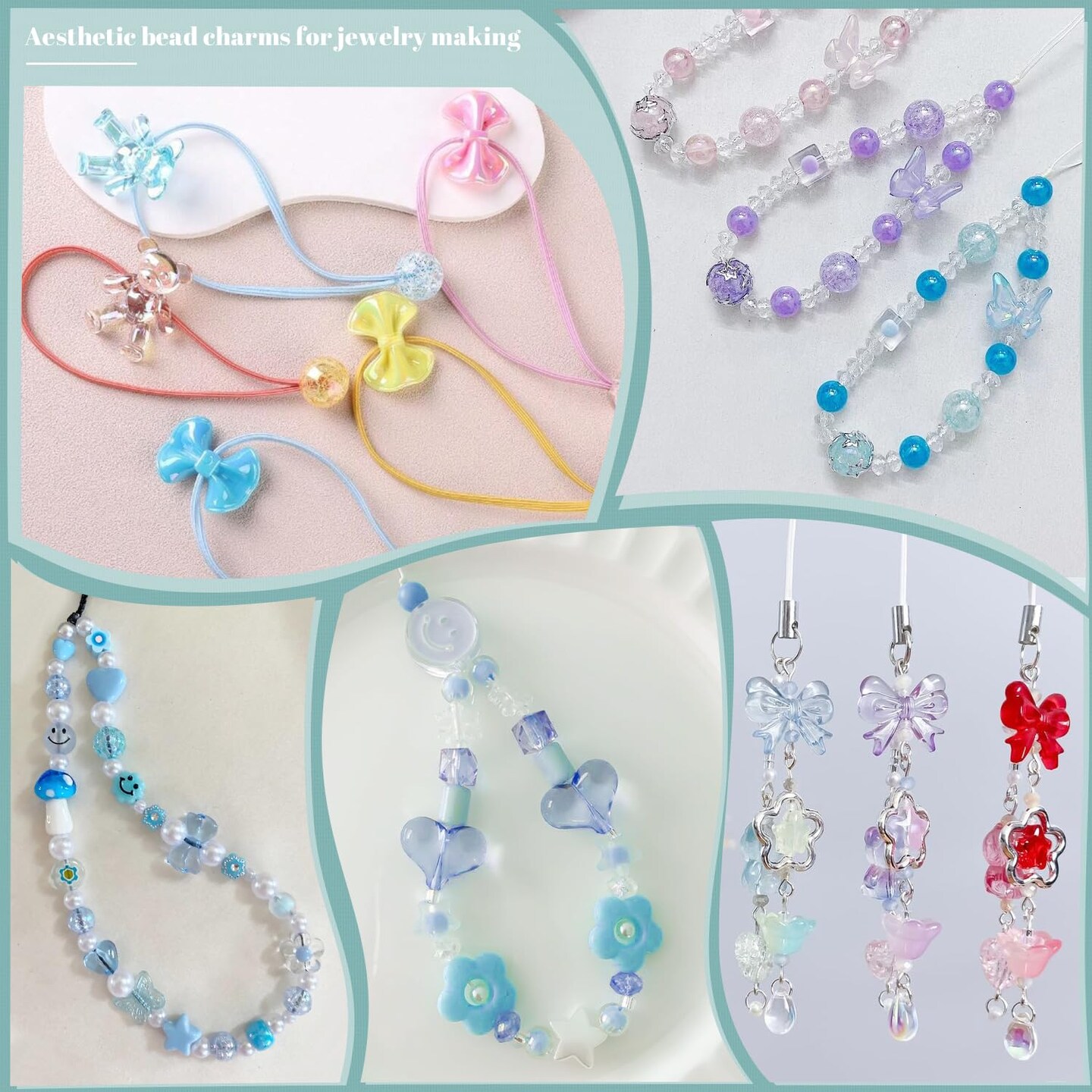 TINKRSTUFF Assorted 260-320PCS Acrylic Beads For Bracelet Making, Flower Bow Butterfly Candy GummyBear Kawaii Aesthetic Beads,Cute Beads For Jewelry Making DIY Necklace Keychain Phone Charms(6 Colors)