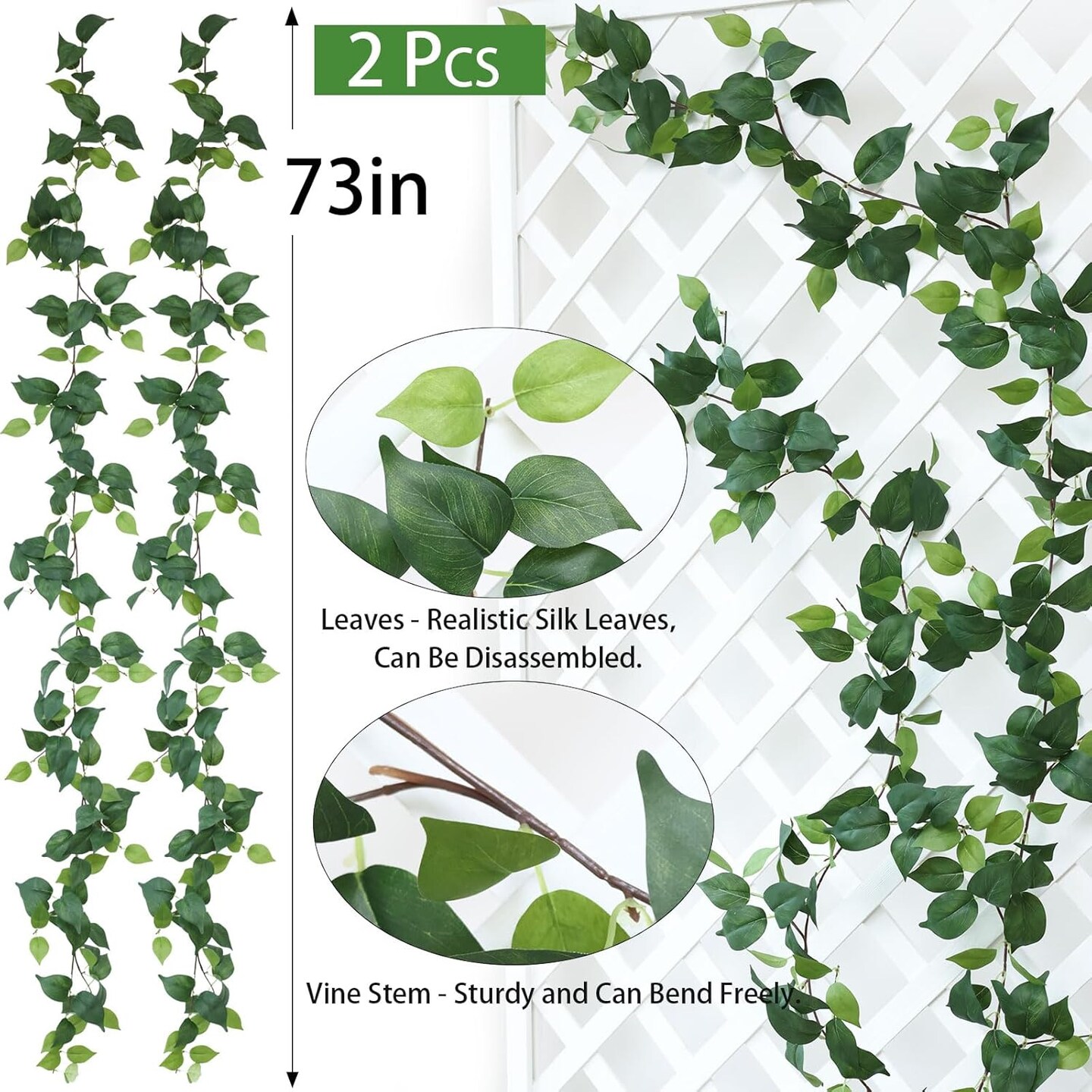 2PCS 73" Artificial Scindapsus Vines – Hanging Greenery for Home & Party Decor