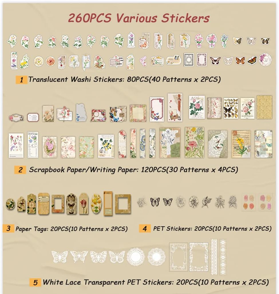 260 Pieces Vintage Scrapbook Supplies Pack (Flowers)