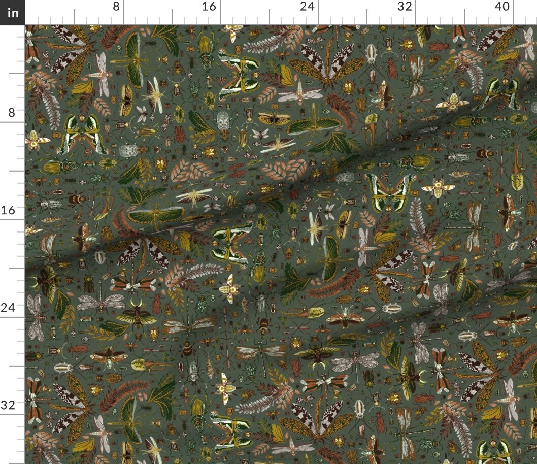 Various Fabrics by the Yard or Fat Quarter Insects Dark Green Nature Forest Floor Wings Dragonflies Beetles Science Custom Printed Fabric by Spoonflower