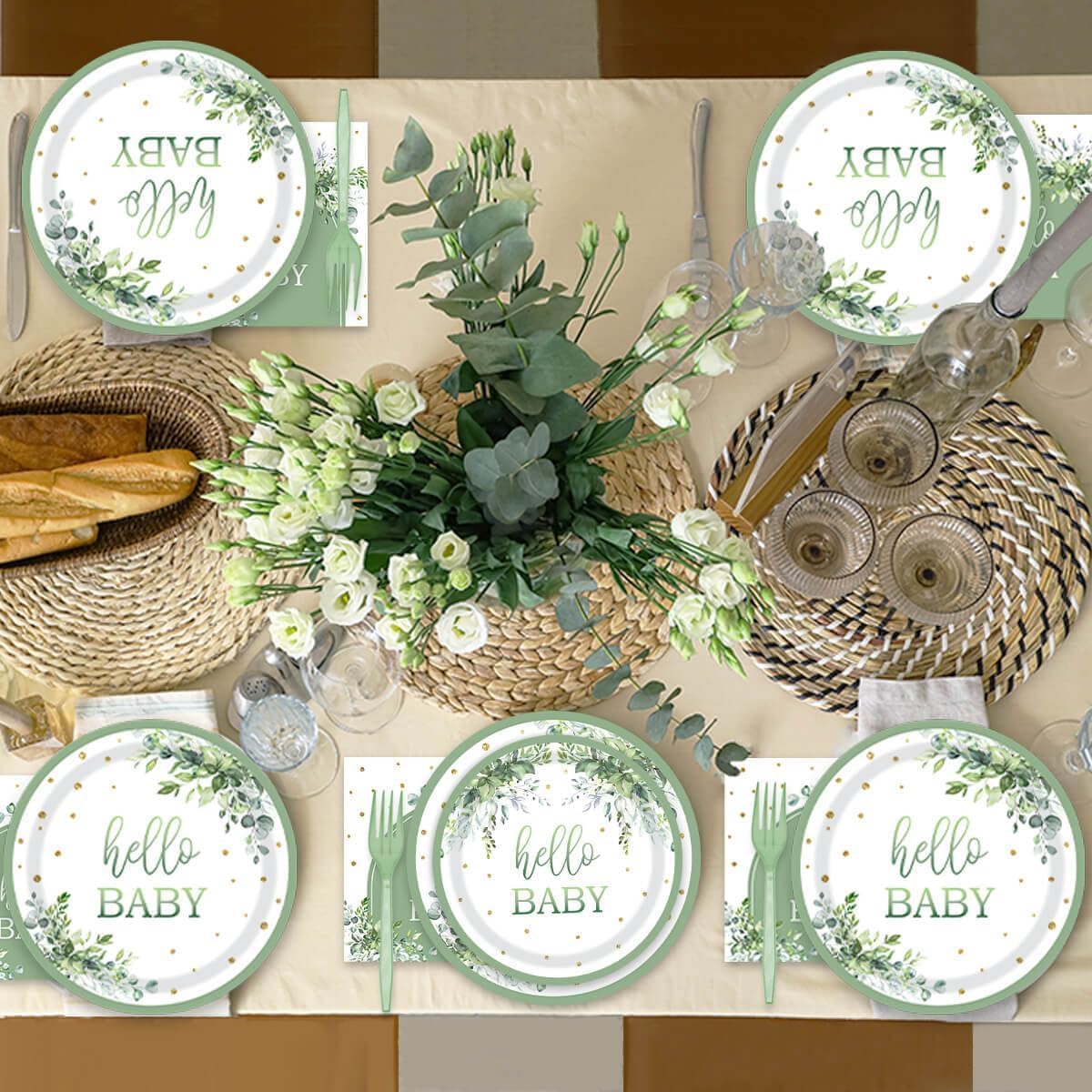 96 Pcs Sage Green Baby Shower Plates and Napkins (Sage Green)