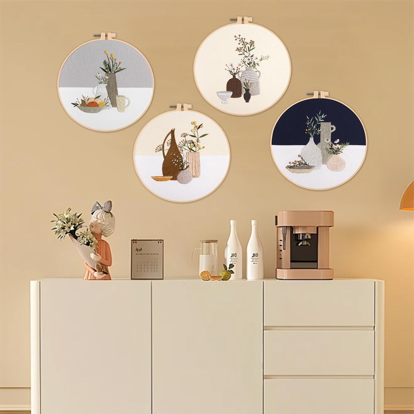 Maydear 4 Sets Embroidery Kit,Embroidery Kit for Beginners Adults, Punch Needle Kit Cross Stitch Kits with Embroidery Hoop and Instructions,Hand Embroidery Starter Kit (vase)