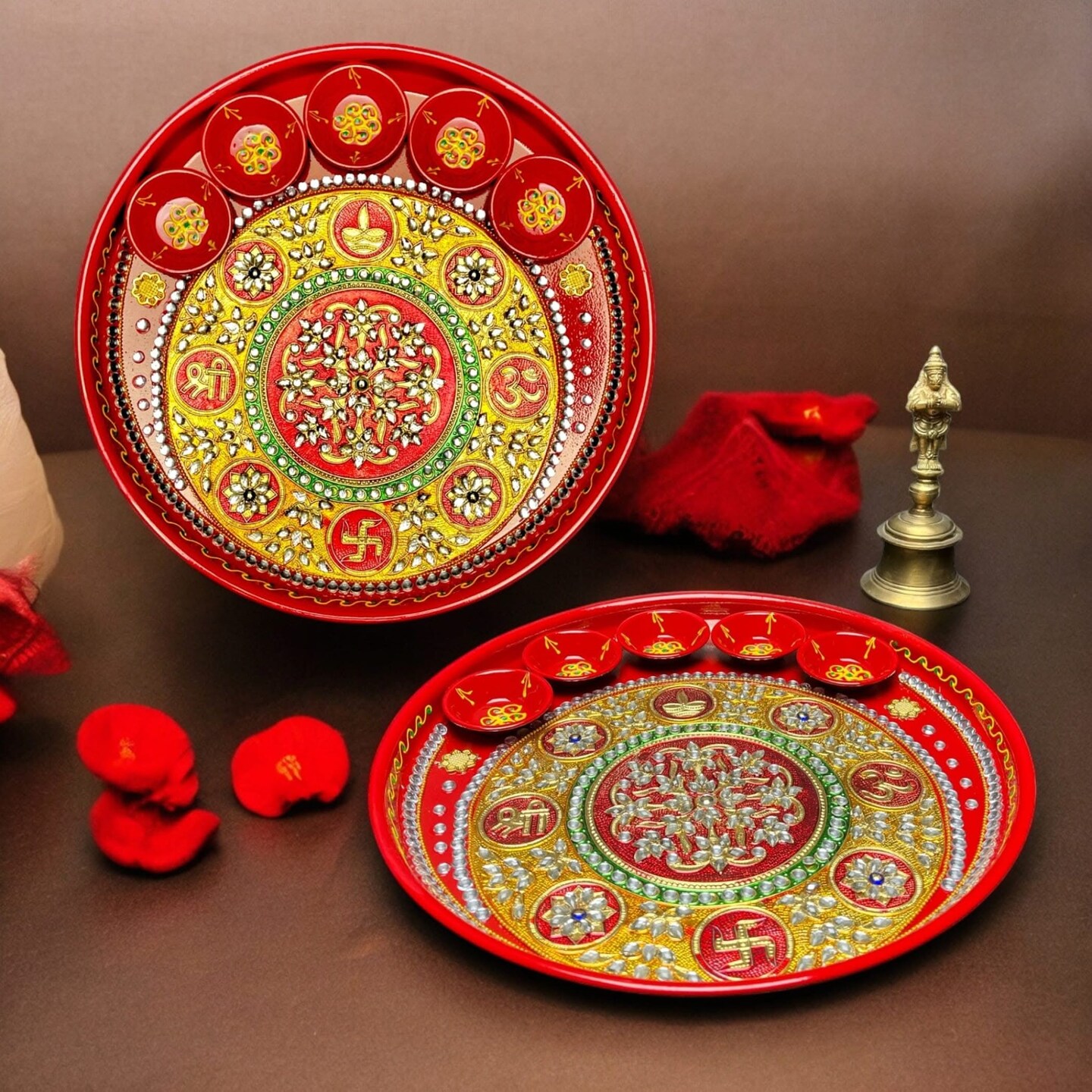 Pooja Thali with 5 Diya Bowls Rhinestone Red Painted Handmade Aarti Rituals Platter Festival Haldi Kumkum Thali Pooja Teej Diwali Wedding Engagement Plate Decorations - Housewarming Gift