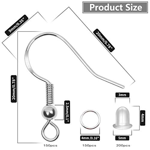 150 PCS/75 Pairs 925 Sterling Silver Earring Hooks ,Ear Wires Fish Hooks,500pcs Hypoallergenic Earring Making kit with Jump Rings and Clear Silicone Backs Stoppers (Silver)