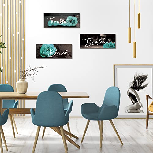 3 Pieces Rose Wooden Wall Decor Thankful Grateful Blessed Wooden Signs Inspirational Wall Art Signs Wedding Wall Decor for Room Kitchen Bathroom (Teal,16 x 6 Inch)