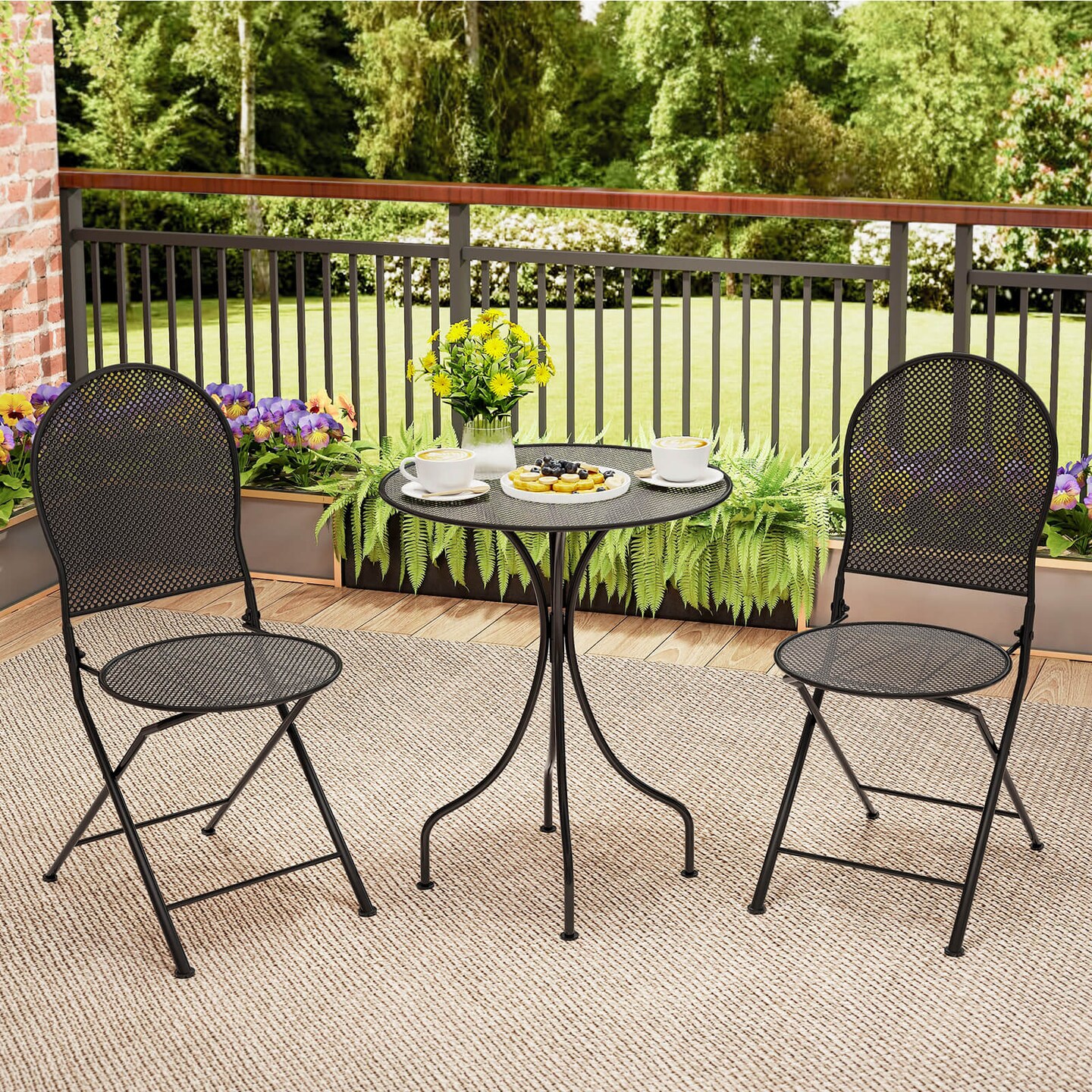 Costway 3 PCS Metal Bistro Set Round Table & 2 Folding Chairs with Rattan-Like Pattern Black/White