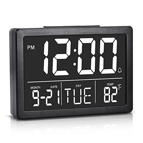 Digital Alarm Clock with Snooze, Small Clock/Table Clock, 6.3&#x22; LED Digital Calendar, 12/24H, Adjustable Brightness/Volume, Desk Clock for Bedroom, Living Room, Office - Black