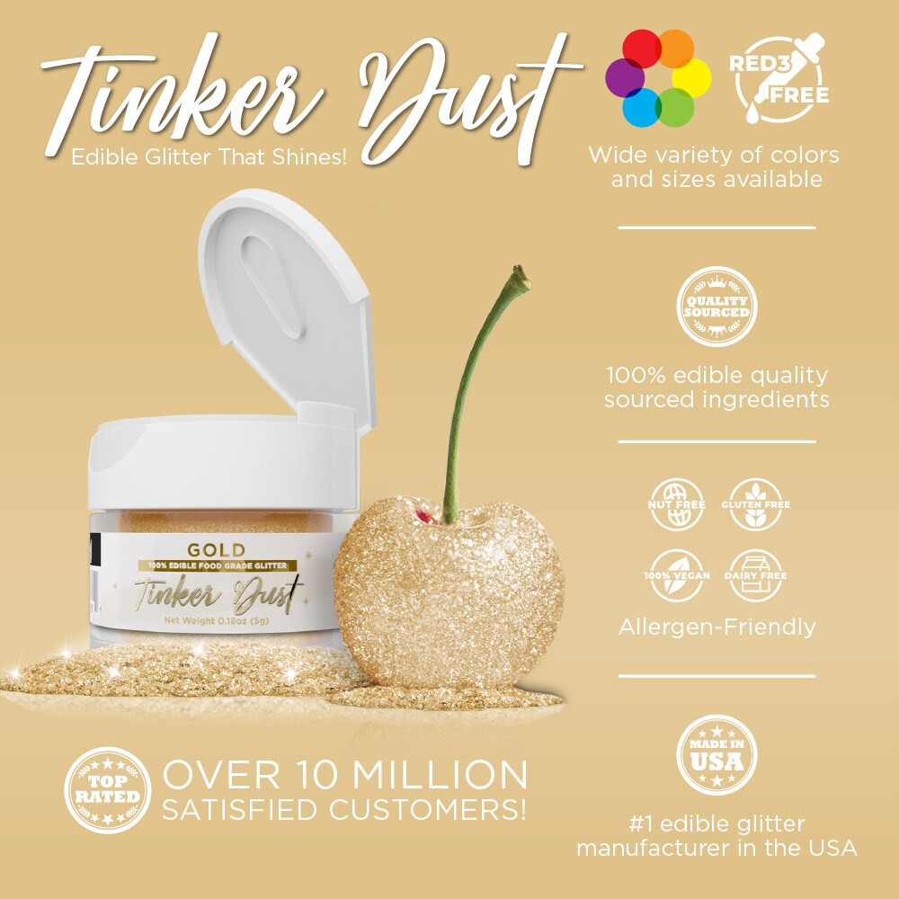 Bakell - Gold Tinker Dust Edible Glitter (5g, 1x Flip Cap Jar) for Food, Desserts, and Beverages!