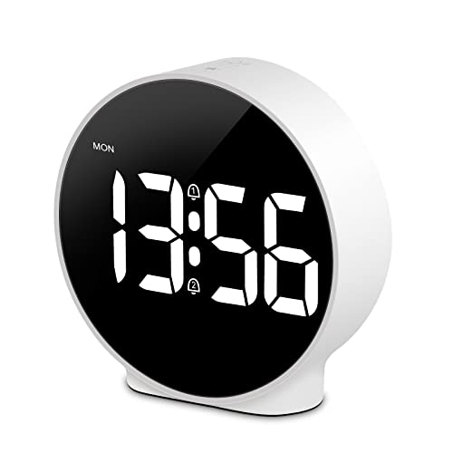 Small Digital Alarm Clock LED Desk Travel Electronic Clock Dual Alarm Snooze Dimmable Day Set 12/24H Week Display 4inch White (No Battery&Adapter) Stay on for 8 s When Powered by Battery