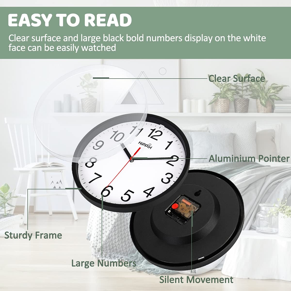 Clock Black Wall Clock Silent Non Ticking Quality Quartz - 10 Inch Round Easy to Read for Home Office & School Decor Clock