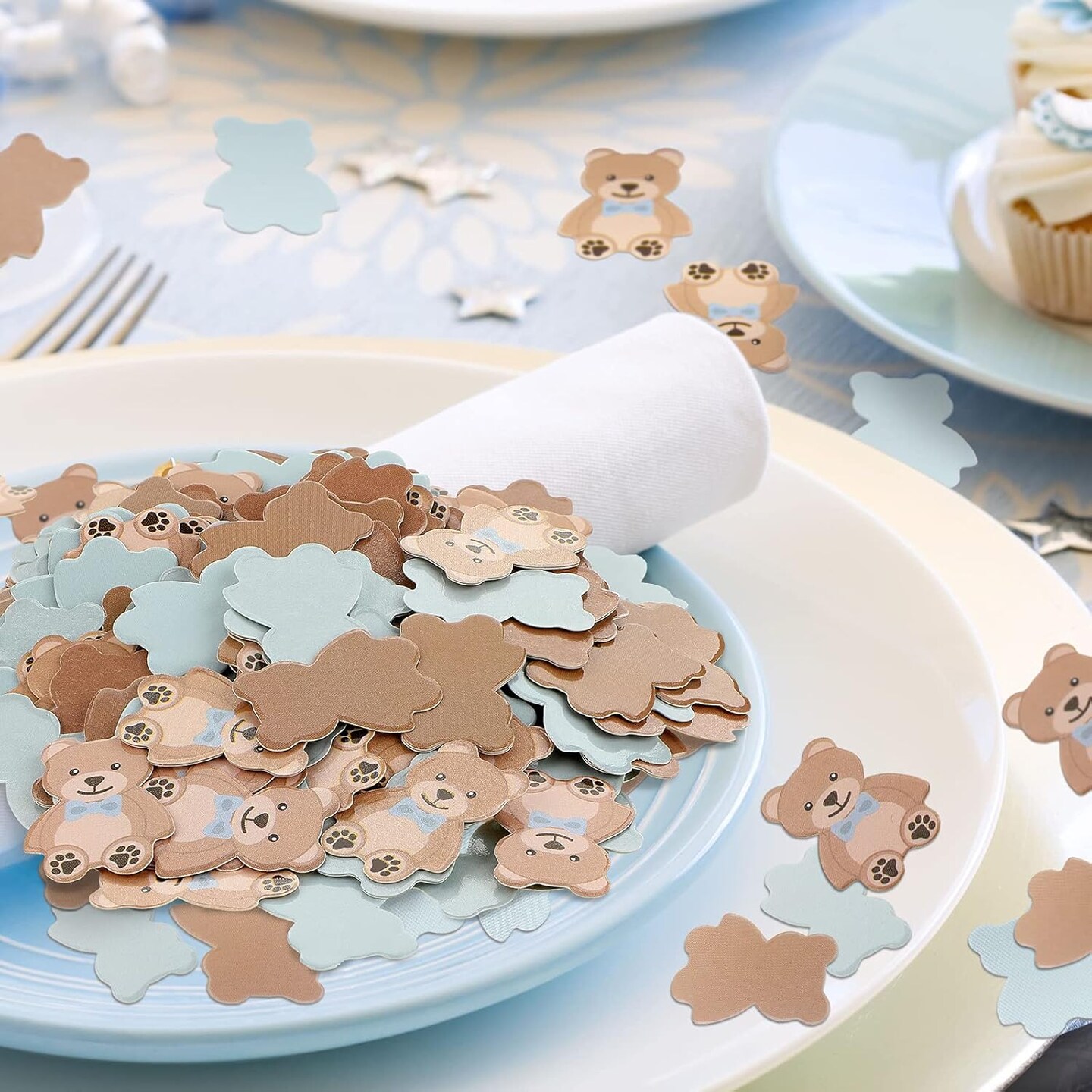 300 Pieces Bear Confetti Baby Shower Paper Confetti for Holiday Festival Party Table Home Decorations, 0.98 Inch(Blue, Brown)