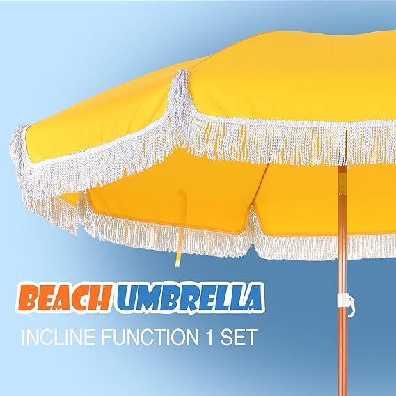 Summer Beach Umbrella with Fringe, Yellow Outdoor Tassel Umbrella with Tilt Button UPF 50+ UV Summer Supply for Outdoor Patio Picnic Beach Garden Lawn Pool