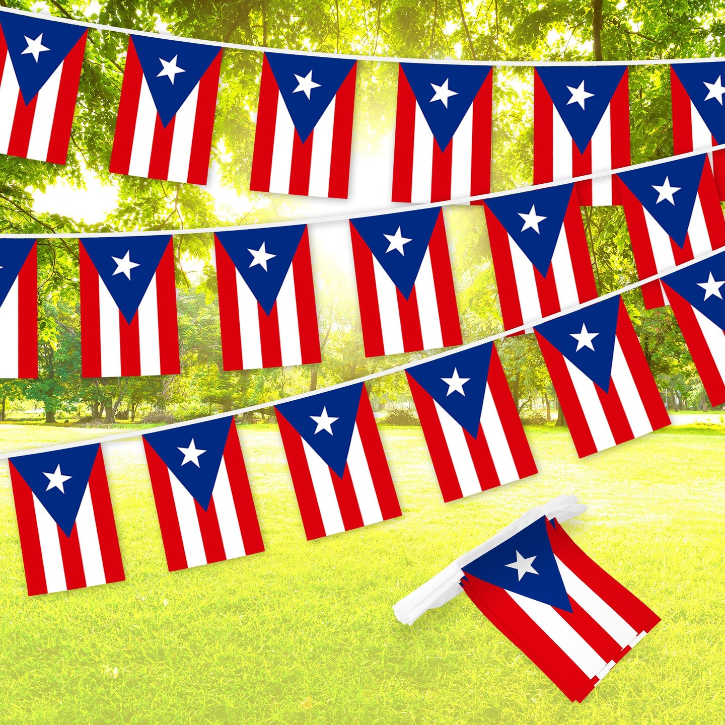 G128 Puerto Rico PR Bunting Banner | Flag 8.2 x 5.5 Inch, Full String 33 Feet | Printed 150D Polyester, Decorations For Bar, School, Festival Events Celebration