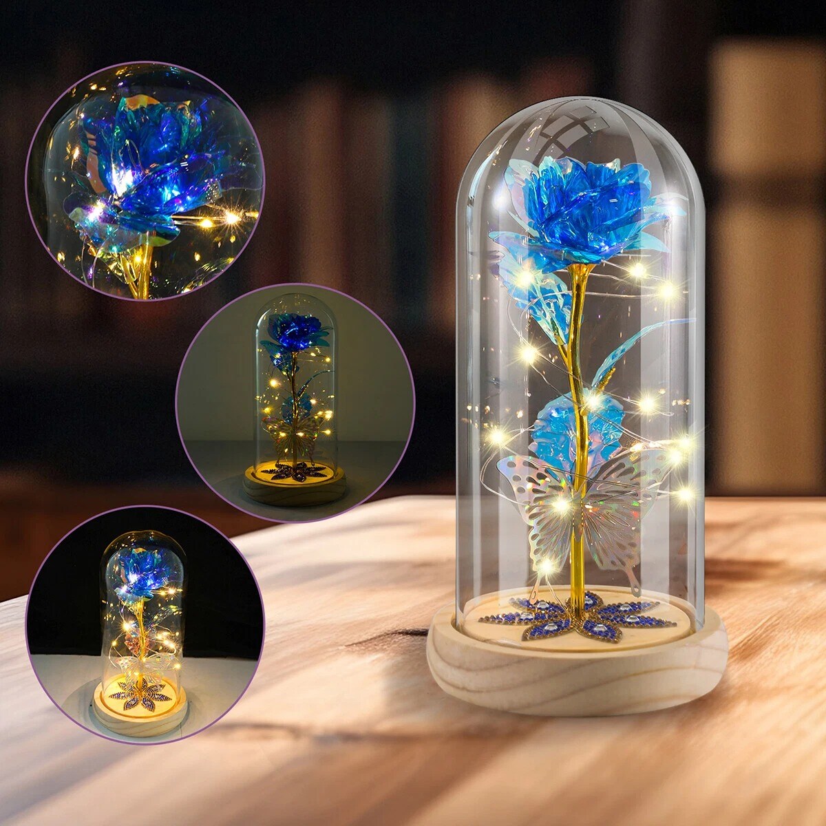 Eternal Preserved LED Rose with Butterfly in Glass Dome Décor