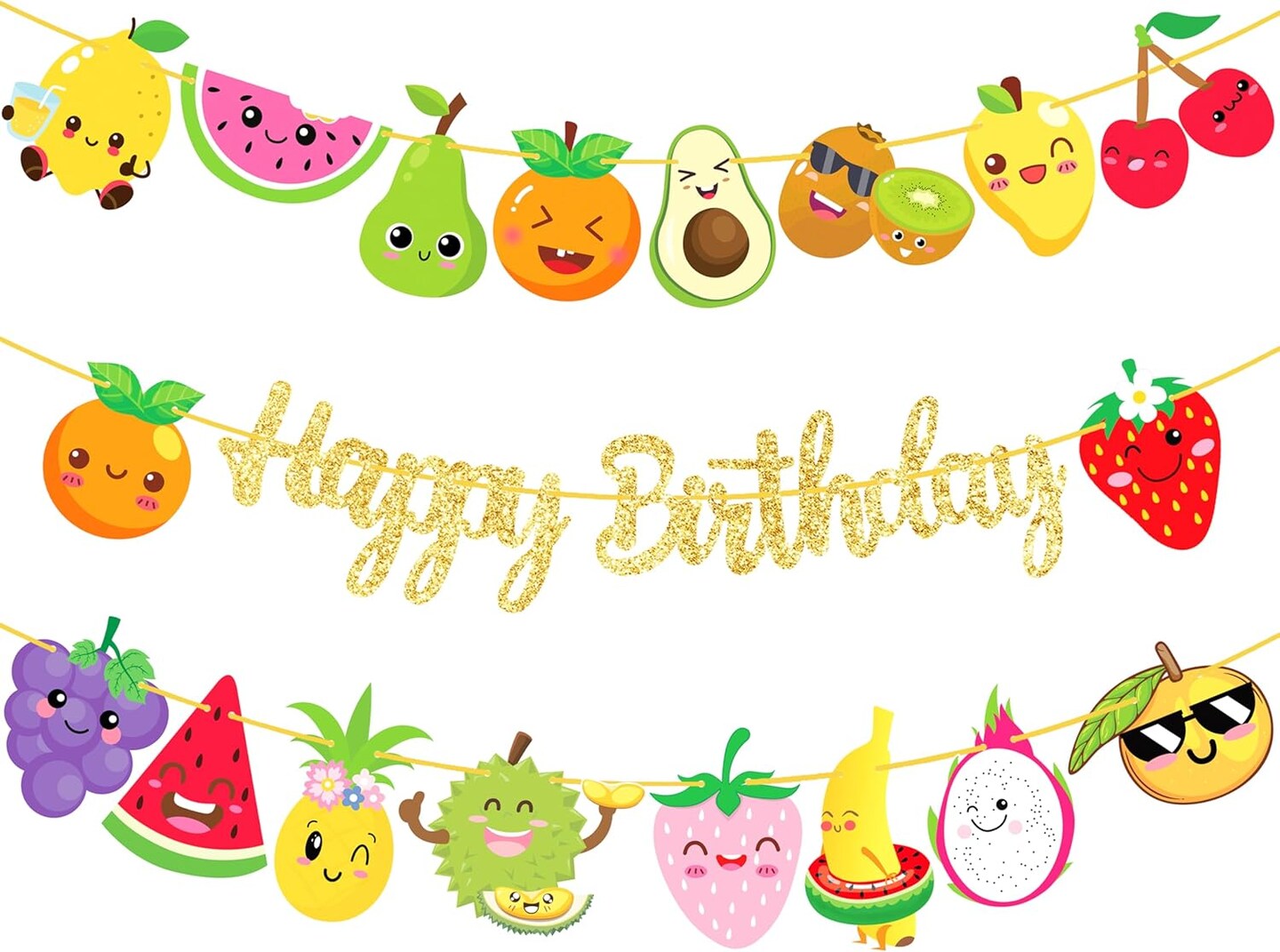 Tutti Frutti Party Gold &#x26; Happy Birthday Banners
