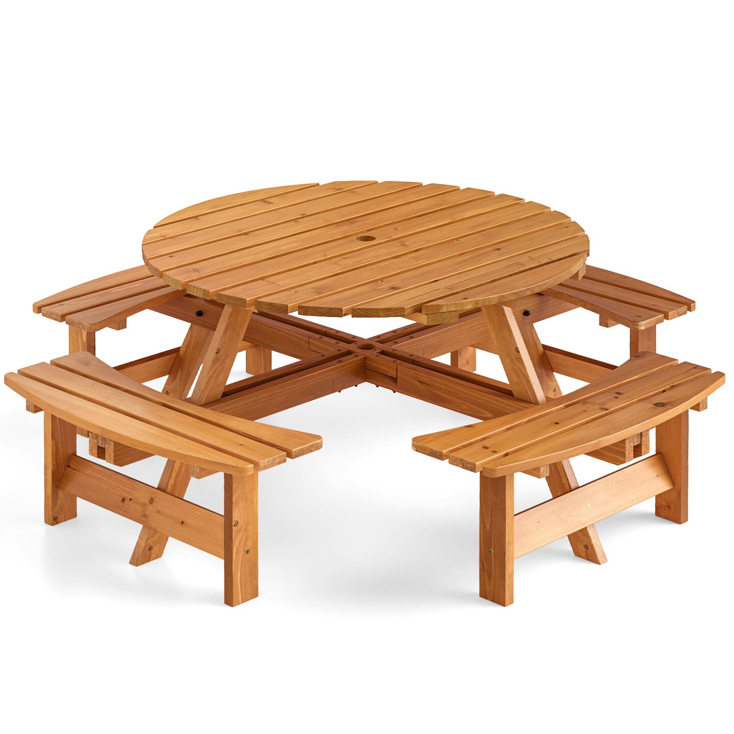 Fir Wood Round Picnic Table Set with 4 Benches and Umbrella Hole