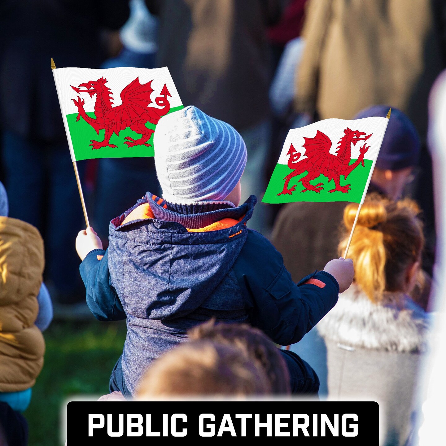 G128 24 Pack Handheld Wales Welsh Stick Flags | 12x18 In | Printed 150D Polyester, Country Flag, Solid Wooden Stick, Spear Gold Tip