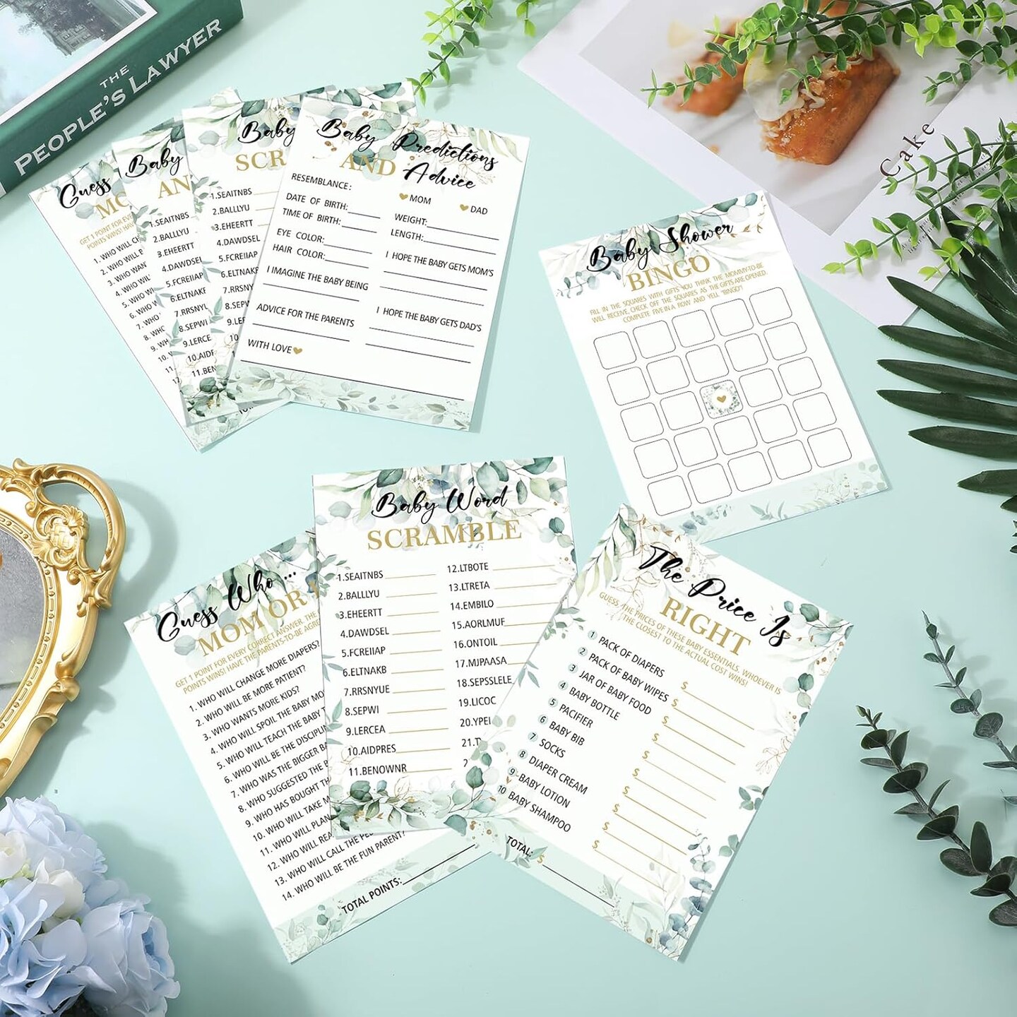 302 Pcs Greenery Eucalyptus Baby Shower Games 6 Games Activities for 50 Guests Include Baby Shower Bingo, Word Scramble, Word Search, Predictions and Advice, The Price is Right, Guess Who
