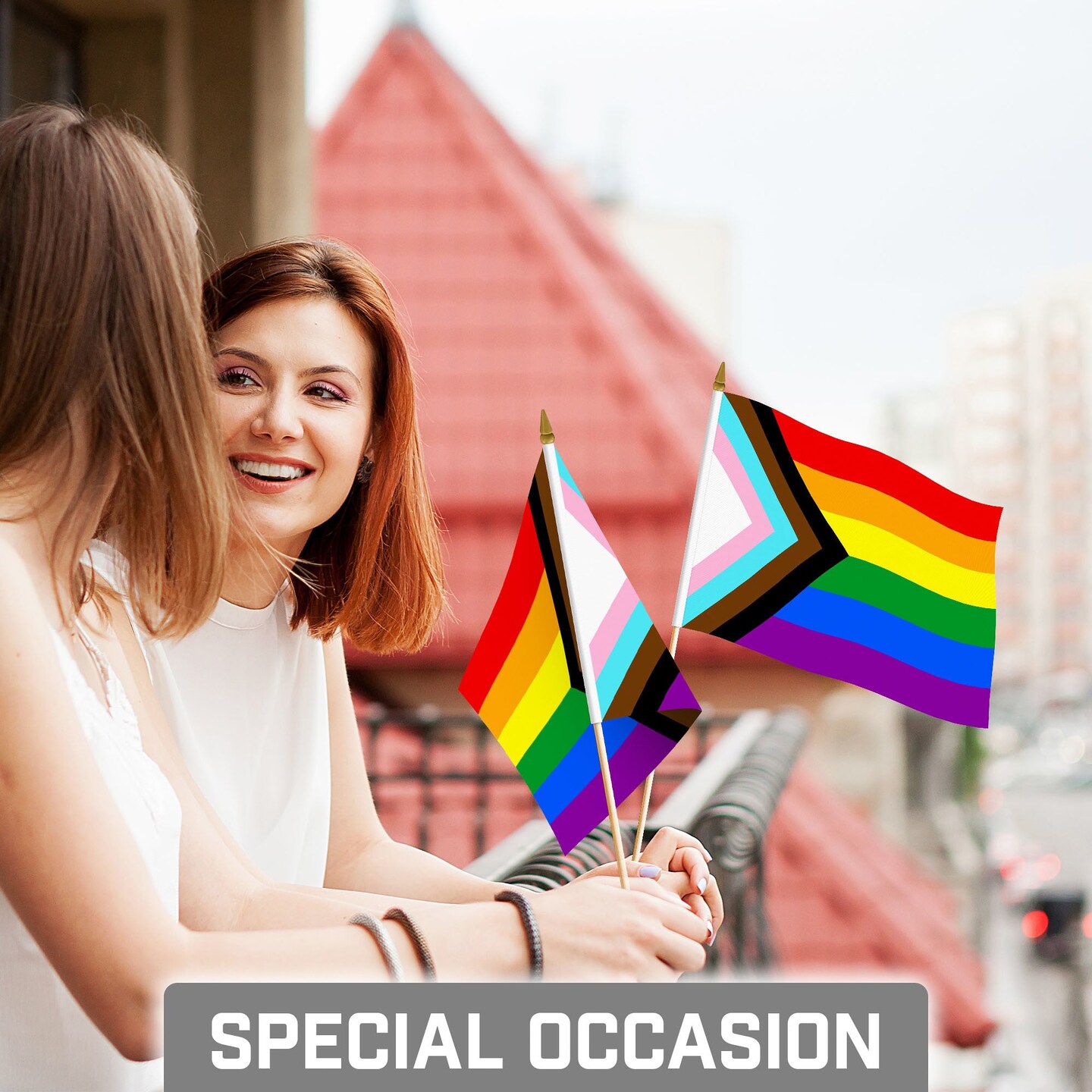 G128 24 Pack Handheld LGBT Progress Rainbow Pride Stick Flags | 8x12 In | Printed 150D Polyester, Social Flag, Solid Wooden Stick, Spear Gold Tip