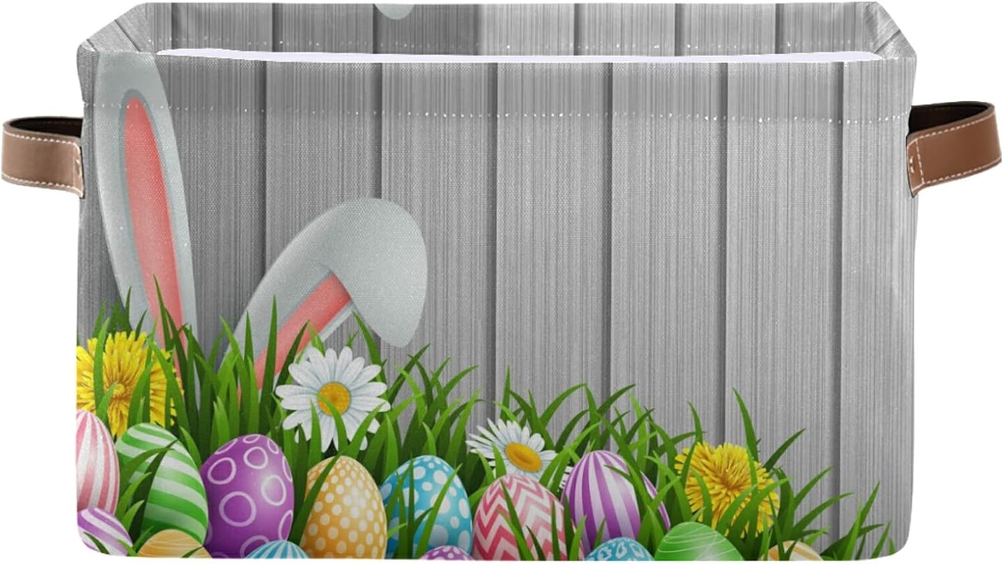 Easter Storage Basket with Handles, Easter Bunny Ears Flowers Wood Large Foldable Fabric Collapsible Storage Bins Organizer Bag for Storage